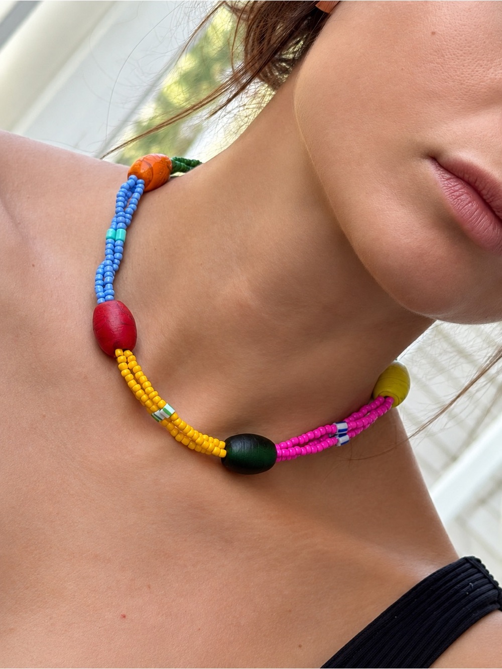 Vibrant Multicolor Beaded Necklace - Pink, Yellow, Blue, Green & Red
